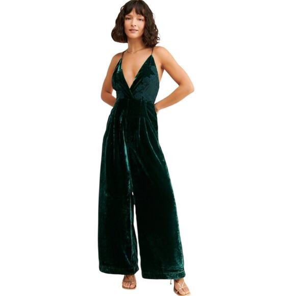Free People Velvet Jumpsuit Wide Leg Emerald Green Size Medium Deep V Neck - Picture 6 of 10